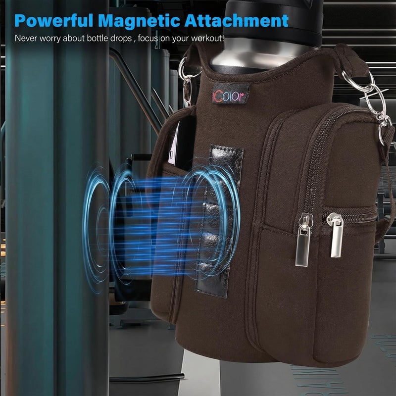 icolor Magnetic Gym Bag Water Bottle Carrier Holder with Phone Pockets & Shoulder Strap,Gym Magnetic Bag 5 Built-in Magnets Gym Accessories Organizer Sling Bottle Bag Pouch Sleeve (Neoprene, Brown) - Image 2