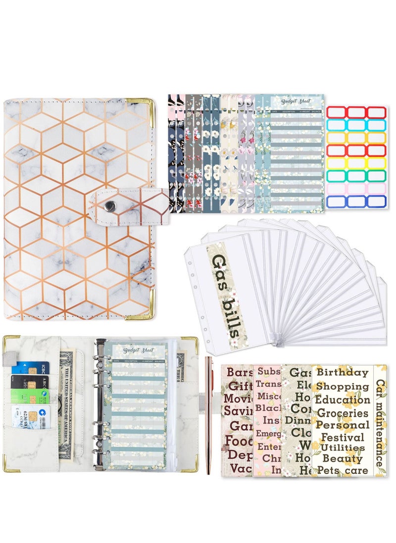 SYOSI Budget Binder, A6 Marble PU Leather Binder, Money Organizer Cash Envelopes Budget Planner with 12 Zipper Cash Envelopes, 12 Expense Budget Sheets for Budgeting, Saving Money  - Image 1