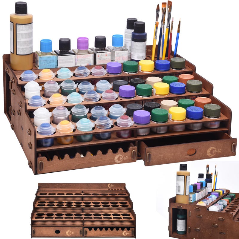 OPHIR Paint Holder, Wooden Paint Rack with 50 Holes Dia.1.42 Inches, Includes Painting Brush Holder with 24 Slots, 1 Drawer, 25 Brush Holes - Image 1