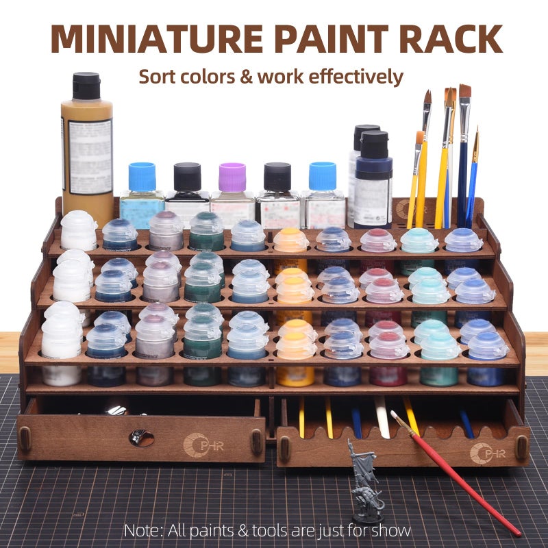OPHIR Paint Holder, Wooden Paint Rack with 50 Holes Dia.1.42 Inches, Includes Painting Brush Holder with 24 Slots, 1 Drawer, 25 Brush Holes - Image 2