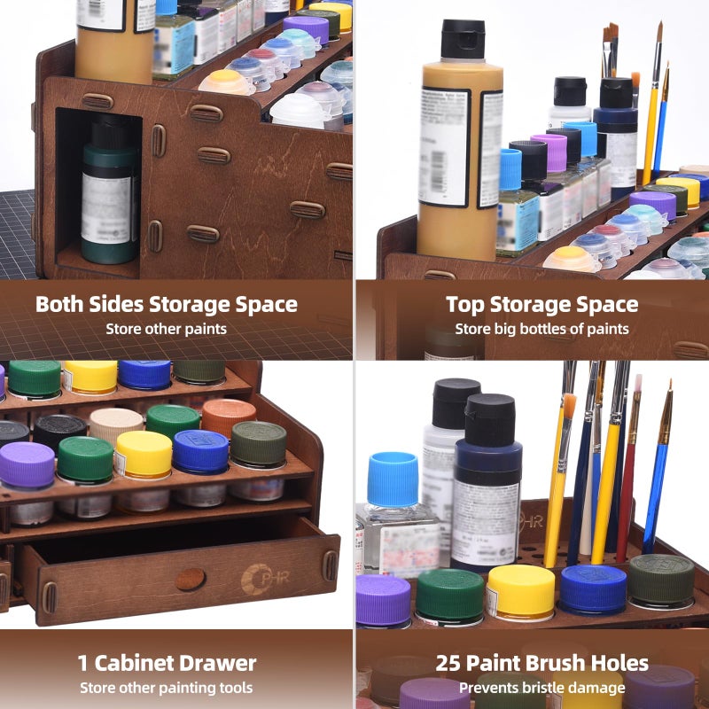 OPHIR Paint Holder, Wooden Paint Rack with 50 Holes Dia.1.42 Inches, Includes Painting Brush Holder with 24 Slots, 1 Drawer, 25 Brush Holes - Image 4
