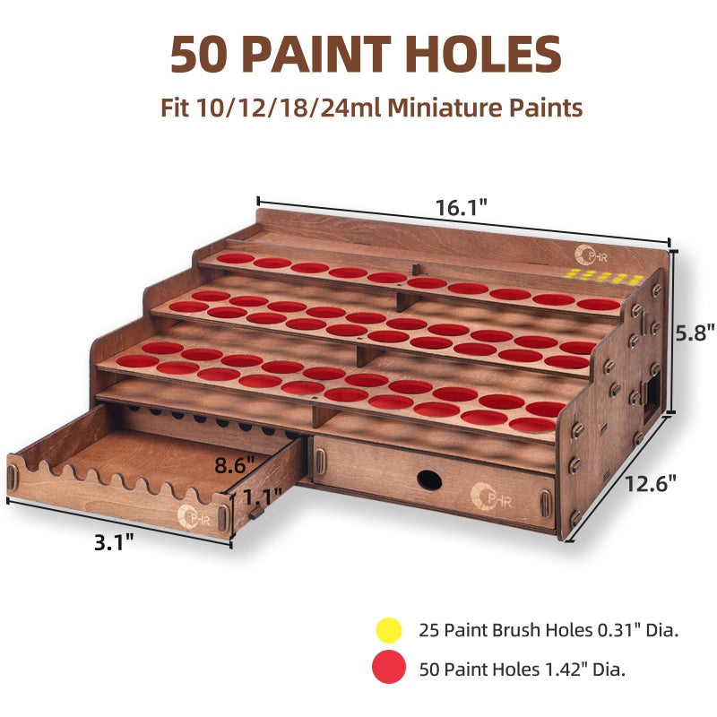 OPHIR Paint Holder, Wooden Paint Rack with 50 Holes Dia.1.42 Inches, Includes Painting Brush Holder with 24 Slots, 1 Drawer, 25 Brush Holes - Image 3