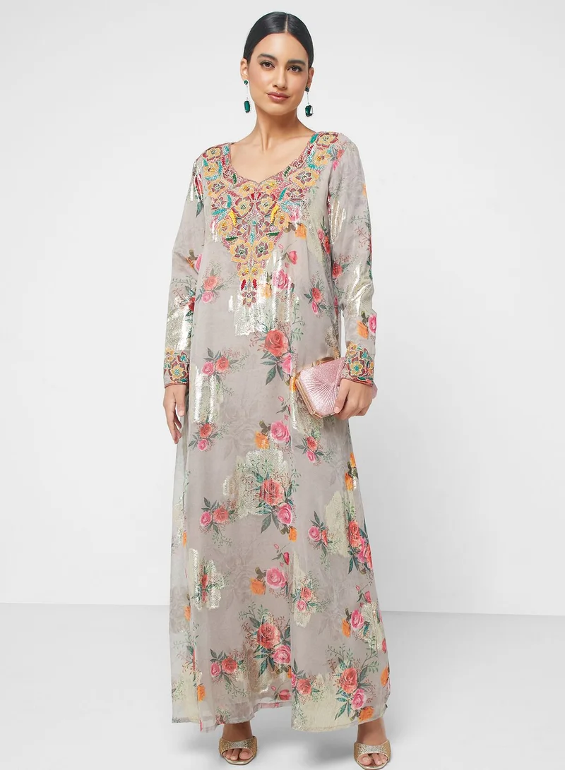 KASHKHA Embroidered Floral Printed Jalabiya