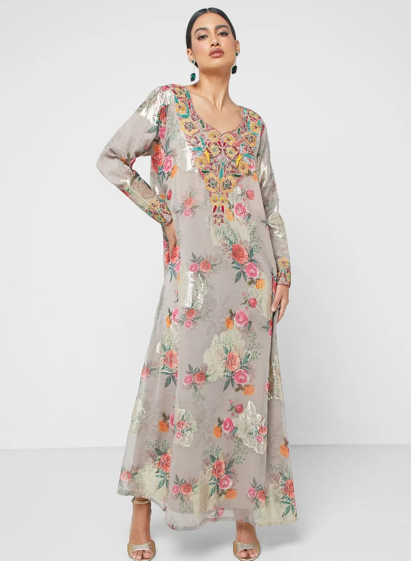 KASHKHA Embroidered Floral Printed Jalabiya