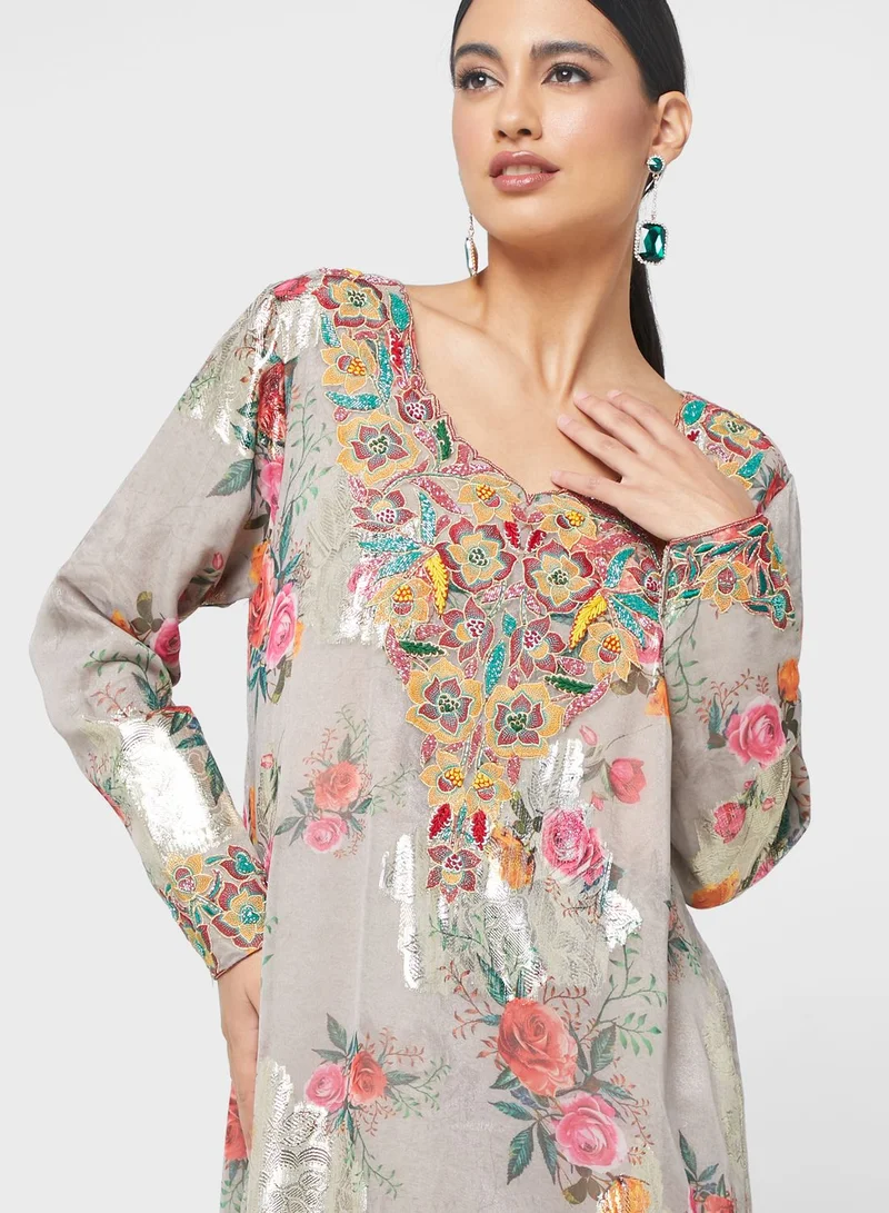 KASHKHA Embroidered Floral Printed Jalabiya