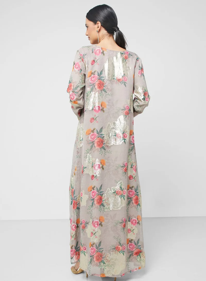 KASHKHA Embroidered Floral Printed Jalabiya