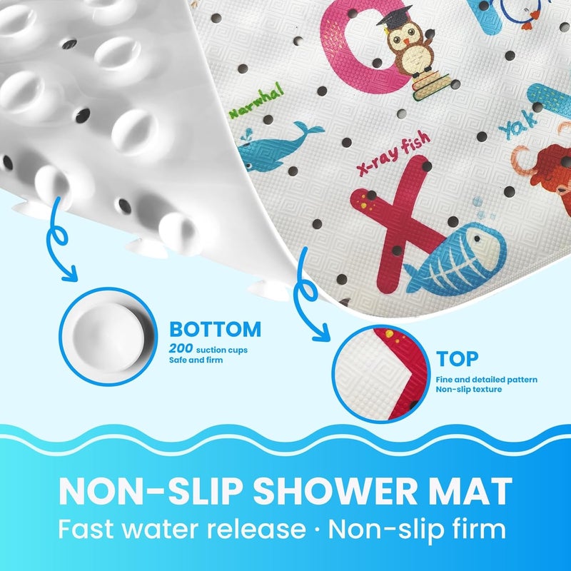 Linoows Baby Bath Tub Mat, Extra Large Non Slip Kids Cartoon Bathtub Shower Mats with Suction Cups & Drain Holes, Machine Washable for Bathroom, 40 x 16 Inch, Alphabet Animals Pattern - Image 3
