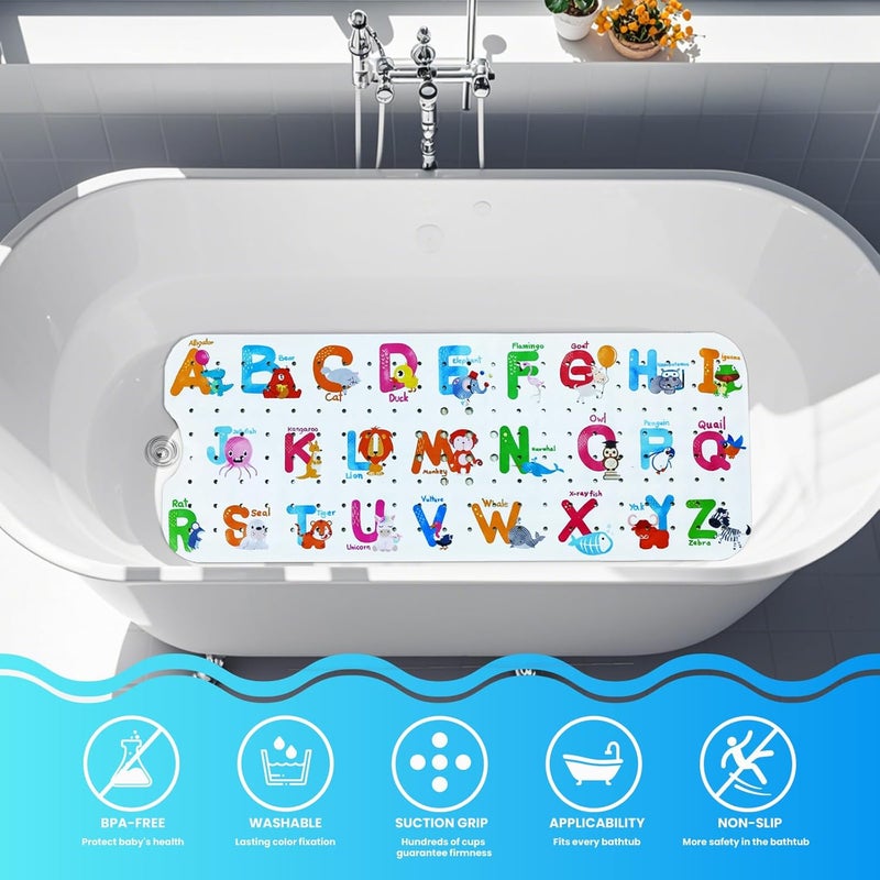 Linoows Baby Bath Tub Mat, Extra Large Non Slip Kids Cartoon Bathtub Shower Mats with Suction Cups & Drain Holes, Machine Washable for Bathroom, 40 x 16 Inch, Alphabet Animals Pattern - Image 2