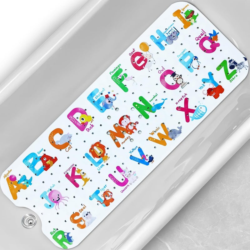 Linoows Baby Bath Tub Mat, Extra Large Non Slip Kids Cartoon Bathtub Shower Mats with Suction Cups & Drain Holes, Machine Washable for Bathroom, 40 x 16 Inch, Alphabet Animals Pattern - Image 1