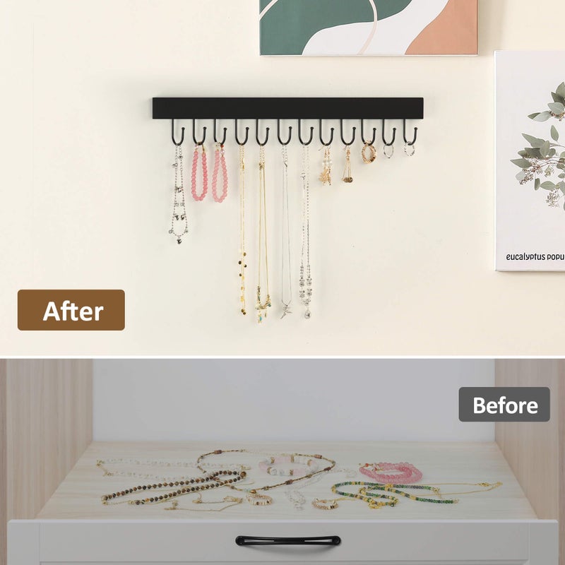 ZEDODIER Necklace Organizer Wall Mount, Wooden Self-Adhesive Jewelry Hanger with 12 Adjustable Hooks, Hanging Holder for Necklace, Belts, Tank Tops, Bras, Black - Image 3