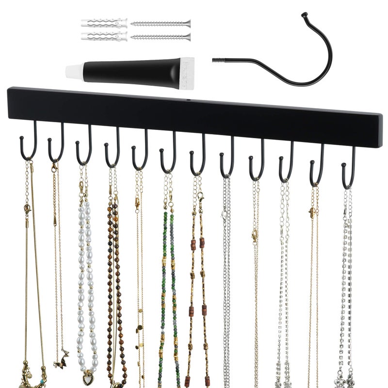 ZEDODIER Necklace Organizer Wall Mount, Wooden Self-Adhesive Jewelry Hanger with 12 Adjustable Hooks, Hanging Holder for Necklace, Belts, Tank Tops, Bras, Black - Image 1