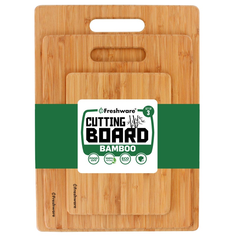 Freshware Bamboo Cutting Boards for Kitchen [Set of 3] Wood Cutting Board for Chopping Meat, Vegetables, Fruits, Cheese, Knife Friendly Serving Tray with Handles - Image 1