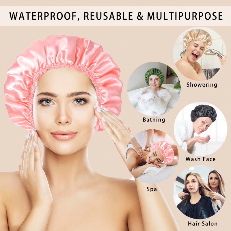 CHFONG Shower Caps for Women, 4 PCS Elastic and Reusable Bath Caps, Double Layers Shower Cap Reusable Waterproof, Bathing Shower Caps, Environmental Bath Hair Protection Cap - Solid Color B - Image 2