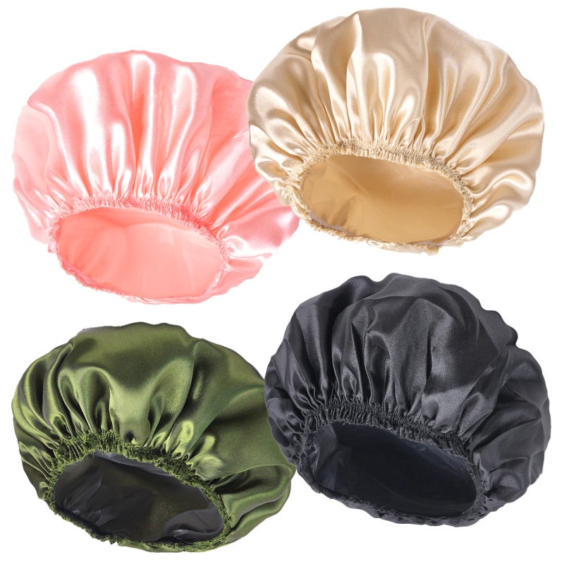 CHFONG Shower Caps for Women, 4 PCS Elastic and Reusable Bath Caps, Double Layers Shower Cap Reusable Waterproof, Bathing Shower Caps, Environmental Bath Hair Protection Cap - Solid Color B - Image 1