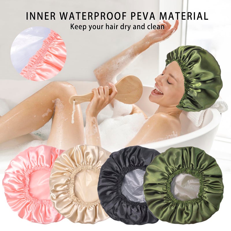 CHFONG Shower Caps for Women, 4 PCS Elastic and Reusable Bath Caps, Double Layers Shower Cap Reusable Waterproof, Bathing Shower Caps, Environmental Bath Hair Protection Cap - Solid Color B - Image 5
