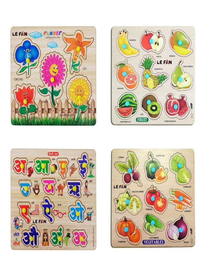 Lefan® Kids Fort Pre Nursery Educational Jigsaw Puzzles for Adults Kids Learning Toys Kit Board Game 4 pcs Set of Flower Fruits Hindi Letters & Vegetables Educational Toy - Image 1
