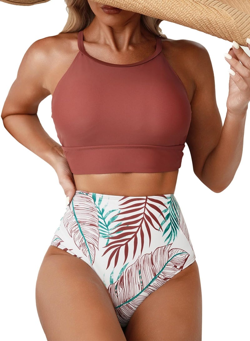 Herseas Women's Bikini Sets Solid High Neck Top Floral Print Bikini Bottom High Rise Two Pieces Swimsuits Cute Teen Tummy Control Brick Red Bathing Suits Small - Image 1