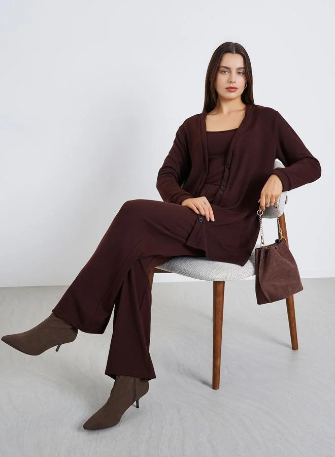 ستايلي طقم 3 قطع كارديجان طويل وتوب بلا أكمام وبنطال