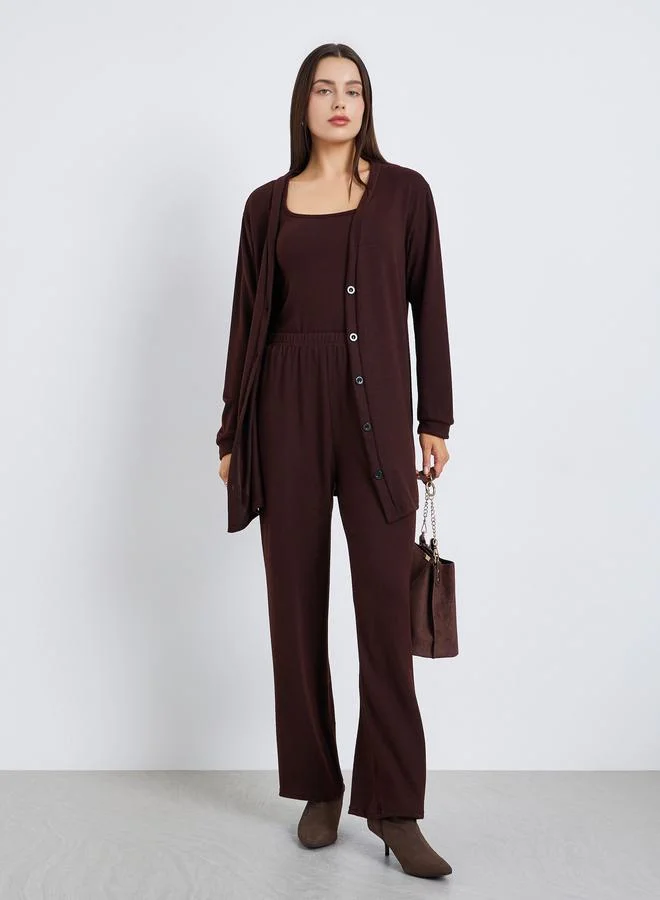 ستايلي طقم 3 قطع كارديجان طويل وتوب بلا أكمام وبنطال