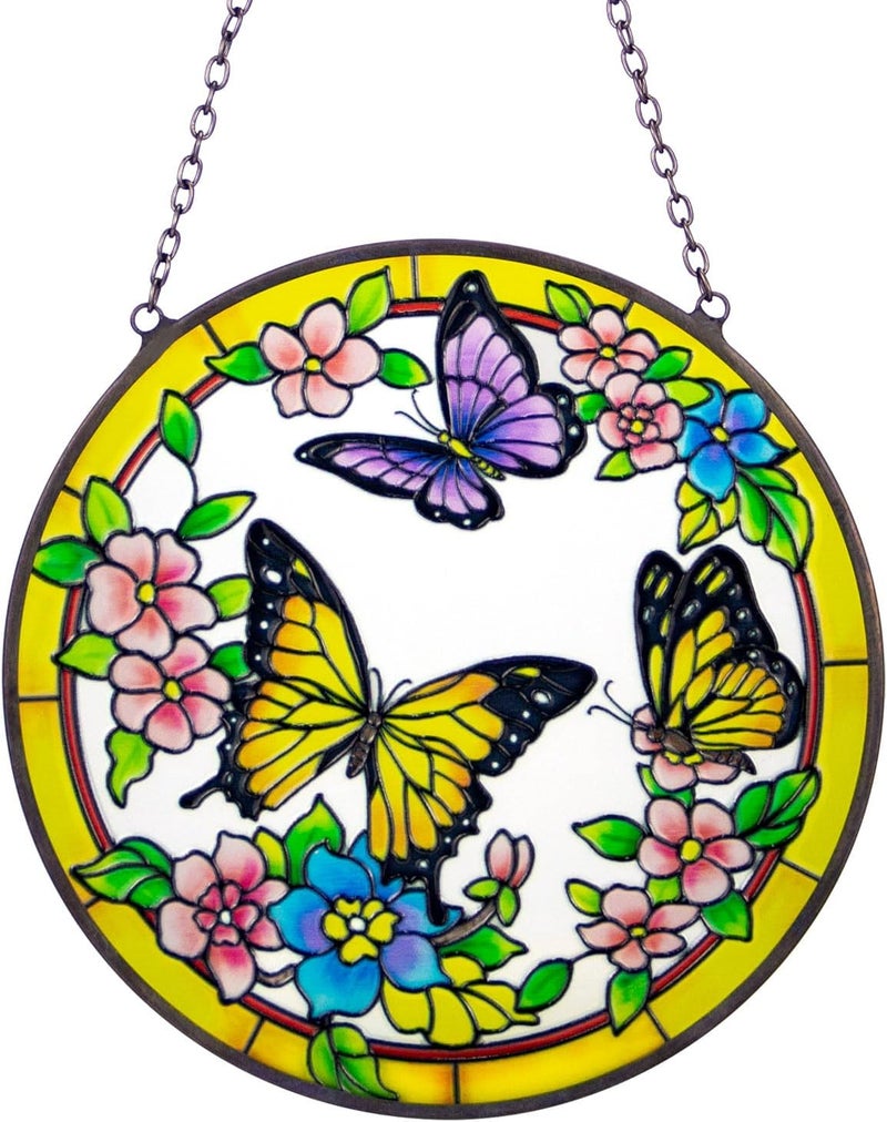 YT3 Studio Butterfly Stained Glass Suncather, Colorful Flower Suncatchers Sun Catchers Indoor Window Hanging Ornament Hand-Painted Glass Panel Decor Gift for Women Christmas Thanksgiving Gift - Image 1
