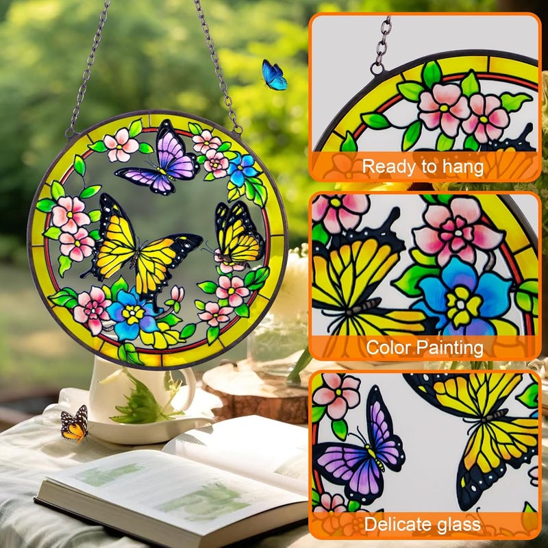 YT3 Studio Butterfly Stained Glass Suncather, Colorful Flower Suncatchers Sun Catchers Indoor Window Hanging Ornament Hand-Painted Glass Panel Decor Gift for Women Christmas Thanksgiving Gift - Image 4