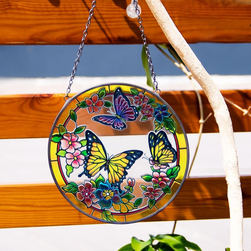 YT3 Studio Butterfly Stained Glass Suncather, Colorful Flower Suncatchers Sun Catchers Indoor Window Hanging Ornament Hand-Painted Glass Panel Decor Gift for Women Christmas Thanksgiving Gift - Image 3