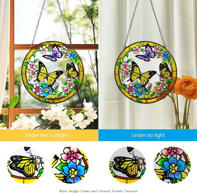 YT3 Studio Butterfly Stained Glass Suncather, Colorful Flower Suncatchers Sun Catchers Indoor Window Hanging Ornament Hand-Painted Glass Panel Decor Gift for Women Christmas Thanksgiving Gift - Image 5
