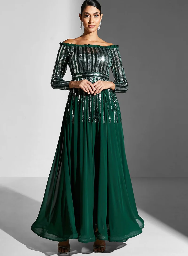 Golden Apple Bardot Sequin Tiered Dress