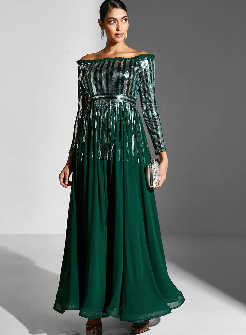 Golden Apple Bardot Sequin Tiered Dress