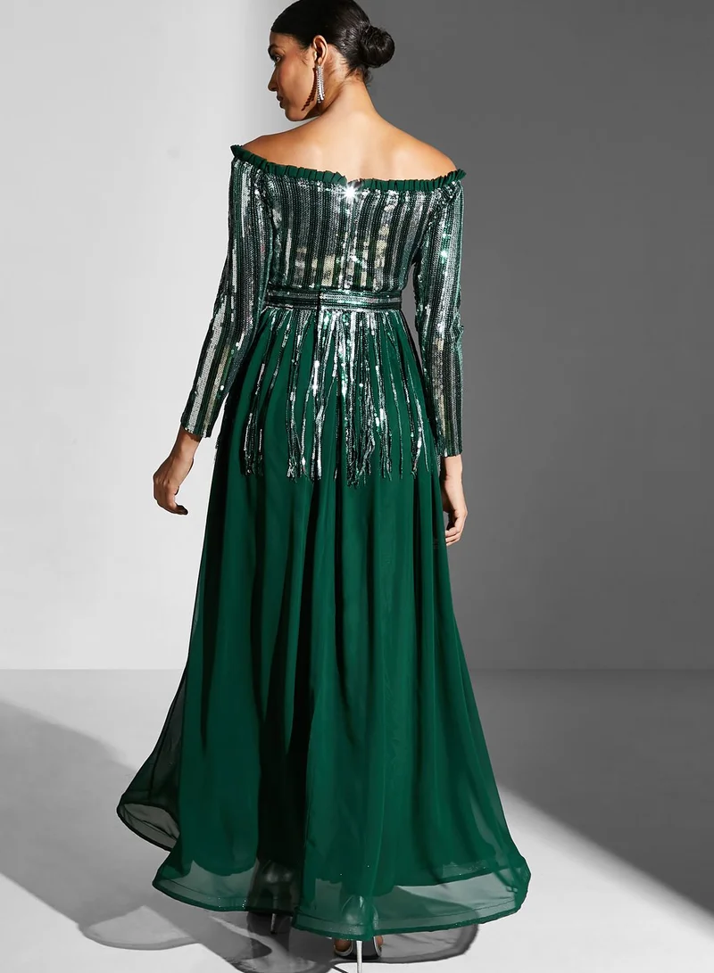Golden Apple Bardot Sequin Tiered Dress