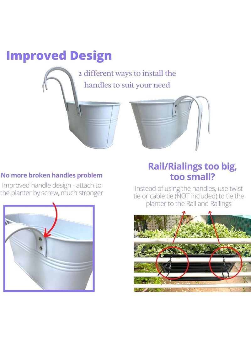 GOGOGO Rail Planters for Outdoor (6 Pack, 11.2 Inch) White Metal Iron Hanging Flower Pots, Deck Railing Strawberry Planter Fence Bucket Wall Mount Window Box Plant Holder with Hooks Porch Decor - Image 3