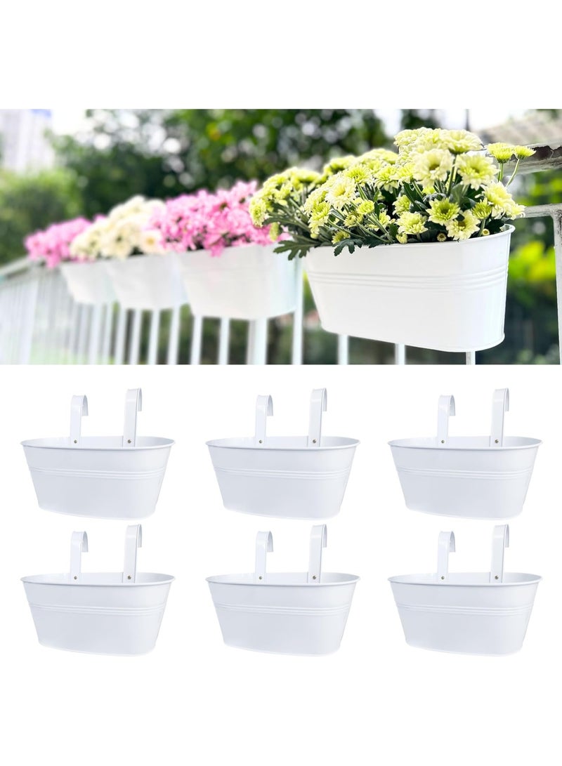 GOGOGO Rail Planters for Outdoor (6 Pack, 11.2 Inch) White Metal Iron Hanging Flower Pots, Deck Railing Strawberry Planter Fence Bucket Wall Mount Window Box Plant Holder with Hooks Porch Decor - Image 1