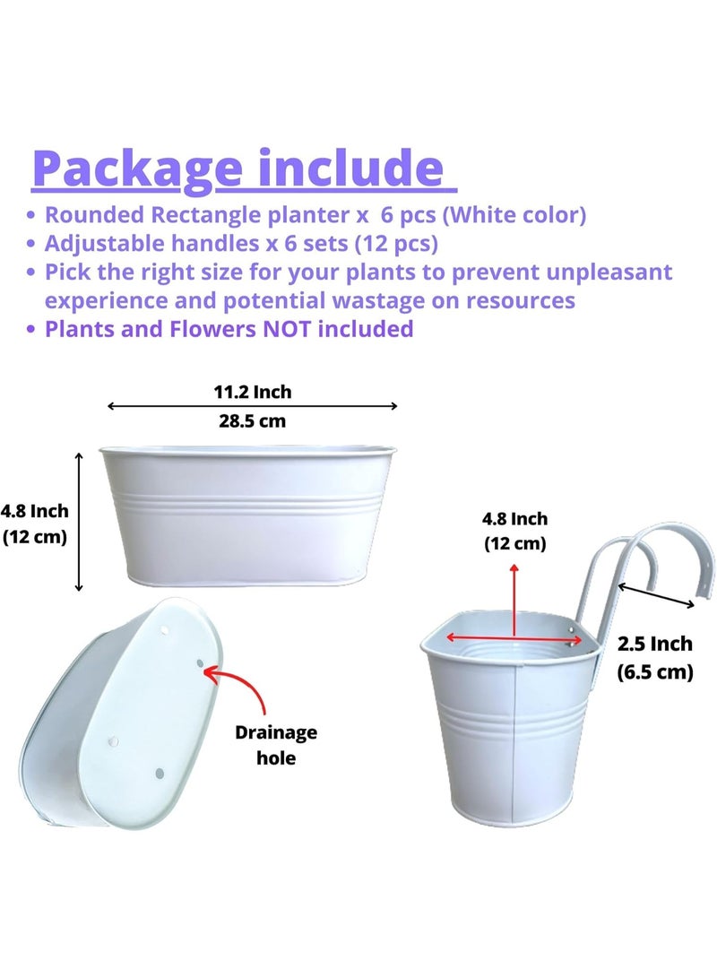 GOGOGO Rail Planters for Outdoor (6 Pack, 11.2 Inch) White Metal Iron Hanging Flower Pots, Deck Railing Strawberry Planter Fence Bucket Wall Mount Window Box Plant Holder with Hooks Porch Decor - Image 5