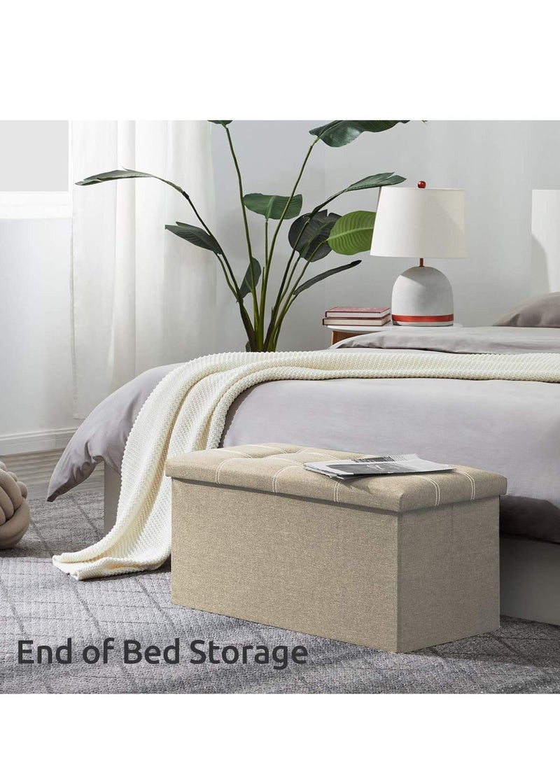 XiuWoo - 30 inches Folding Storage Ottoman 80L Ottoman Bench Footrest Stool Linen Fabric Beige Storage Chest Padded Seat for Bedroom and Living Room Support 350lbs - Image 1