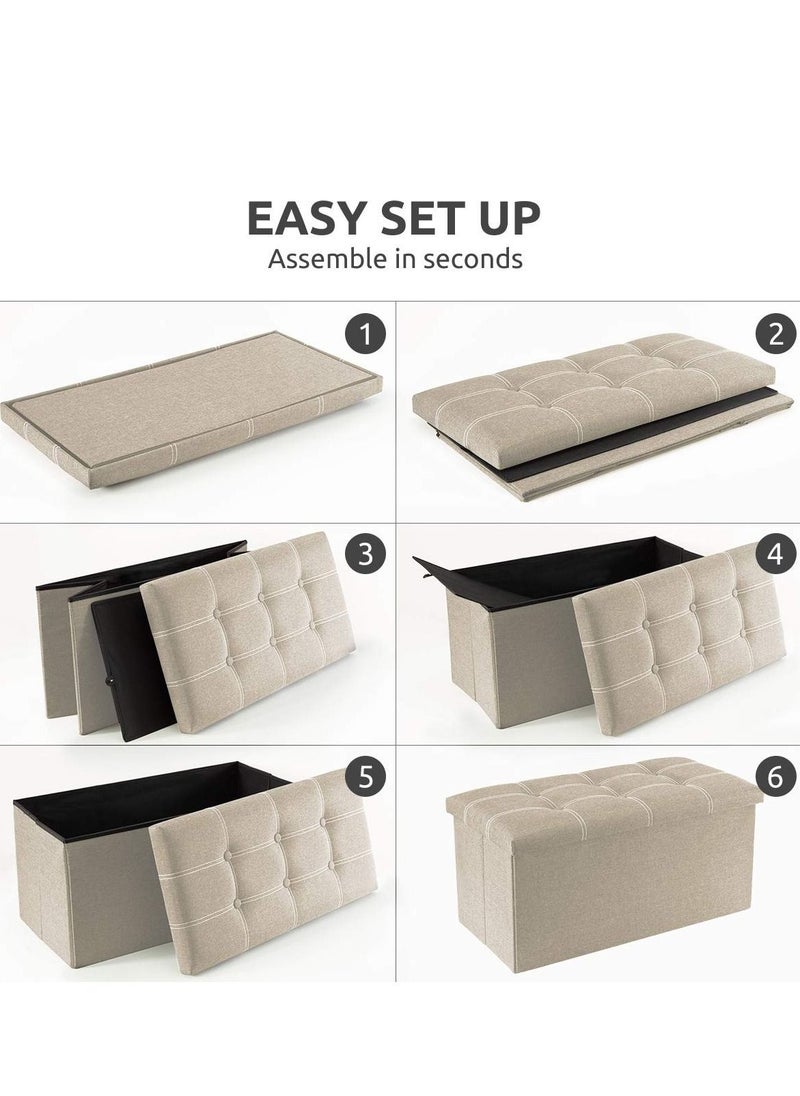 XiuWoo - 30 inches Folding Storage Ottoman 80L Ottoman Bench Footrest Stool Linen Fabric Beige Storage Chest Padded Seat for Bedroom and Living Room Support 350lbs - Image 1