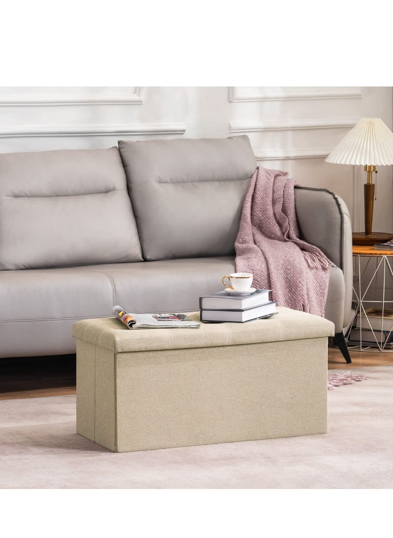 XiuWoo - 30 inches Folding Storage Ottoman 80L Ottoman Bench Footrest Stool Linen Fabric Beige Storage Chest Padded Seat for Bedroom and Living Room Support 350lbs - Image 1