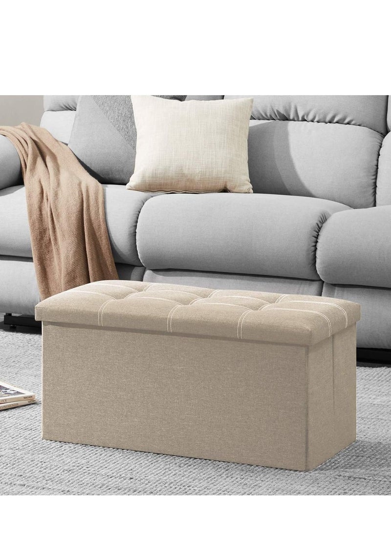 XiuWoo - 30 inches Folding Storage Ottoman 80L Ottoman Bench Footrest Stool Linen Fabric Beige Storage Chest Padded Seat for Bedroom and Living Room Support 350lbs - Image 1