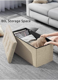 30 inches Folding Storage Ottoman 80L Ottoman Bench Footrest Stool Linen Fabric Beige Storage Chest Padded Seat for Bedroom and Living Room Support 350lbs