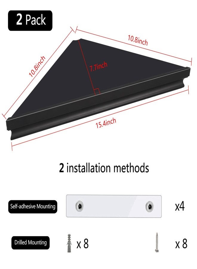 evron Wall Mount Corner Shelf,Easy to Install Metal Front Floating Corner Shelves with Self-Adhesive Tapes,Wood Imitation Corner Shelf with Wire Pass Hole Pattern(Black 2 Pack) - Image 2