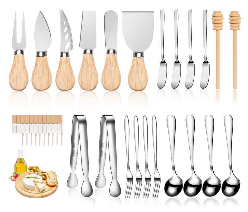 LifeMusican Charcuterie Board Accessories Wooden Cheese Spreader Knive Set Wood Handle Butter knives For Cheese Kit Mini Cheese Knife Slicer With Tongs Spoons ForksHoney Dipper 23 Pack
