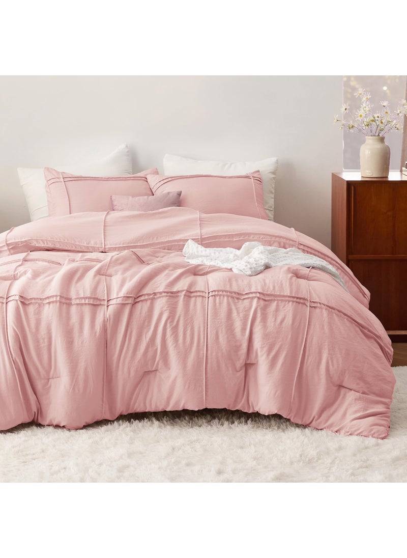 Bedsure Bedsure Full Comforter Set with Sheet - 4 Pieces Soft Pink Bedding Sets  Grid Pinch Pleat  All Season Lightweight Fluffy Bed Set with Solid Boho Comforter  Pillowcases & Sheet  - Image 2