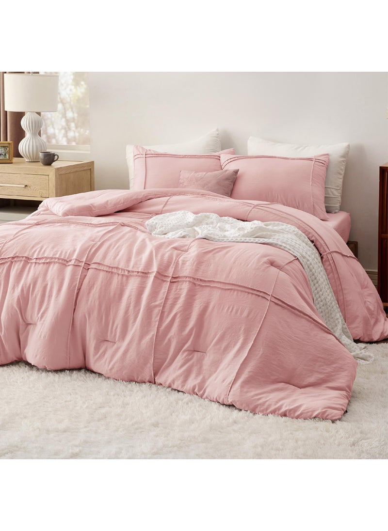 Bedsure Bedsure Full Comforter Set with Sheet - 4 Pieces Soft Pink Bedding Sets  Grid Pinch Pleat  All Season Lightweight Fluffy Bed Set with Solid Boho Comforter  Pillowcases & Sheet  - Image 1