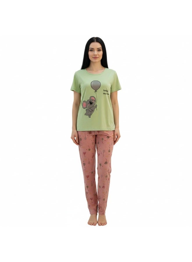 JOANNA Women's Animal & Balloon Print Shirt & Trouser Pajama Set, Yellow - Image 1