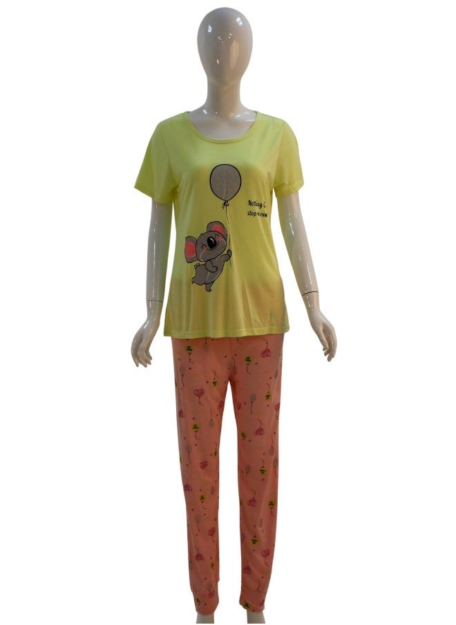 JOANNA - JOANNA Women's Animal & Balloon Print Shirt & Trouser Pajama Set, Yellow - Image 1