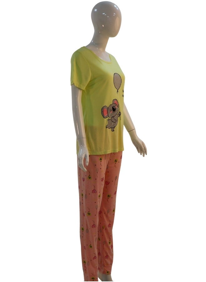 JOANNA - JOANNA Women's Animal & Balloon Print Shirt & Trouser Pajama Set, Yellow - Image 1
