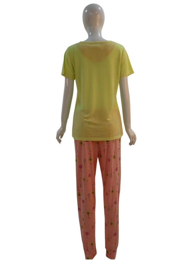 JOANNA - JOANNA Women's Animal & Balloon Print Shirt & Trouser Pajama Set, Yellow - Image 1