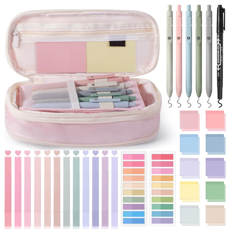 KOUDGY 49Pcs Book Annotation Kit - Aesthetic Pencil Case Bag with Highlighters Gel Pens and Marker, 900 Sheets Transparent Index Tabs Sticky Notes Bible Study Supplies (Pink) - Image 1