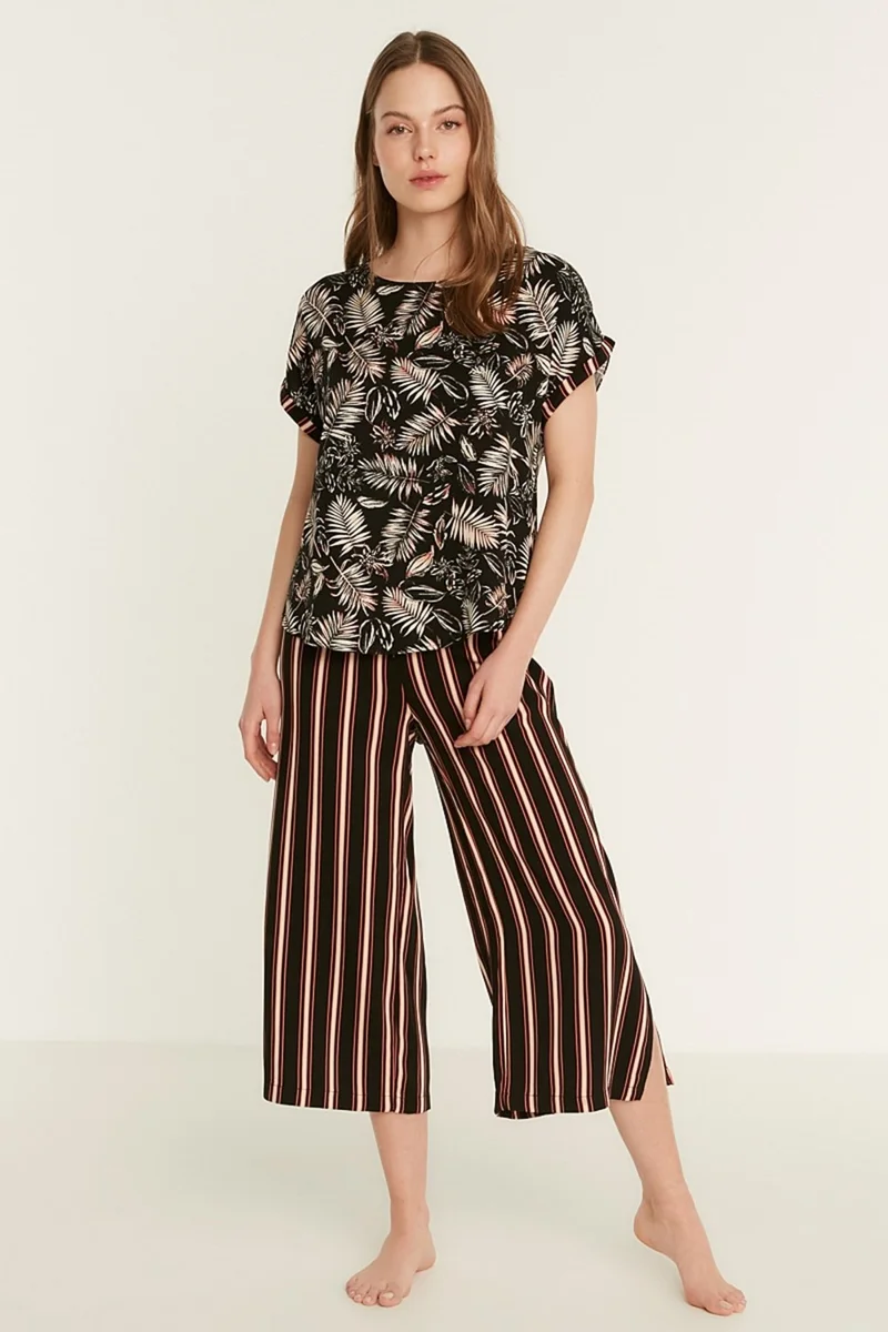 C&city Patterned 6 Piece Viscose Pajamas Set 9502 Black