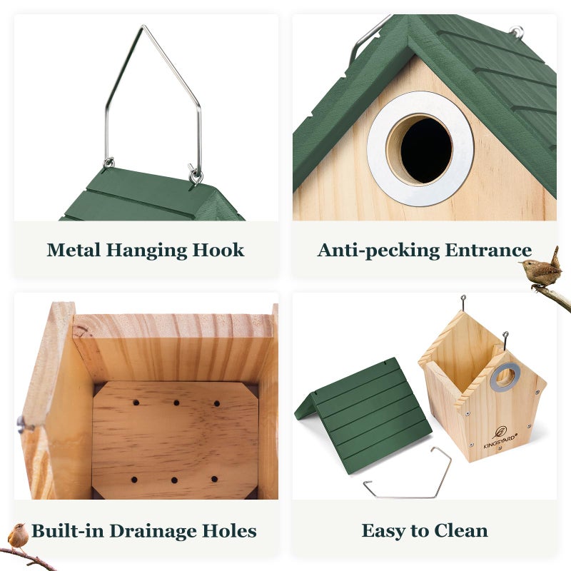 Kingsyard Wooden Bird House with Predator Guard, Wren Bird Nesting for Outdoor, Garden Patio Nest Box for Wild Bird Watching, Green - Image 2