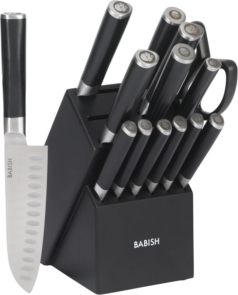Babish مجموعة سكاكين مطبخ من مكونة من 15 قطع، مصنوعة من فولاذ ألماني عالي الكربون، رقم الموديل: 1.4116، مزودة بقاعدة مغناطيسية، بلون أسود - Image 1
